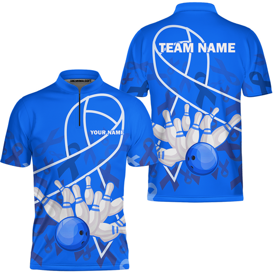 Custom Bowling Team Uniform Shirts, Blue Ribbon & Bowling Ball Strike Shirt, Personalized Team & Player Jersey