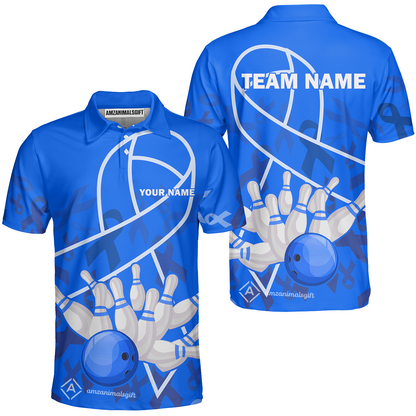 Custom Bowling Team Uniform Shirts, Blue Ribbon & Bowling Ball Strike Shirt, Personalized Team & Player Jersey