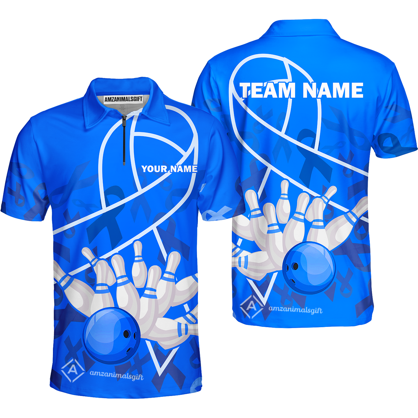 Custom Bowling Team Uniform Shirts, Blue Ribbon & Bowling Ball Strike Shirt, Personalized Team & Player Jersey
