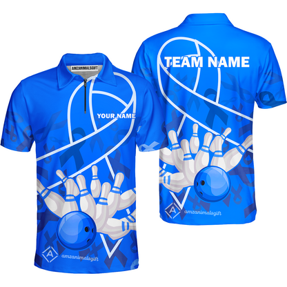 Custom Bowling Team Uniform Shirts, Blue Ribbon & Bowling Ball Strike Shirt, Personalized Team & Player Jersey