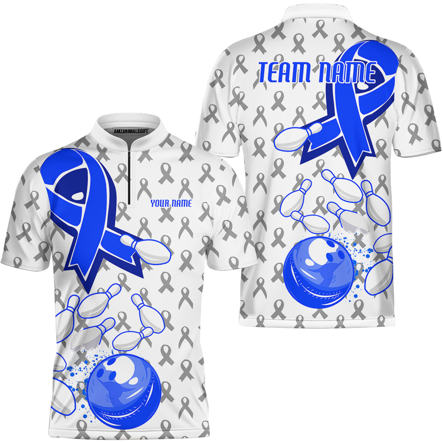 Custom Bowling Team Uniform Shirts, Blue Ribbon & Bowling Pins Strike Graphic Shirt, Personalized Team & Player Jersey