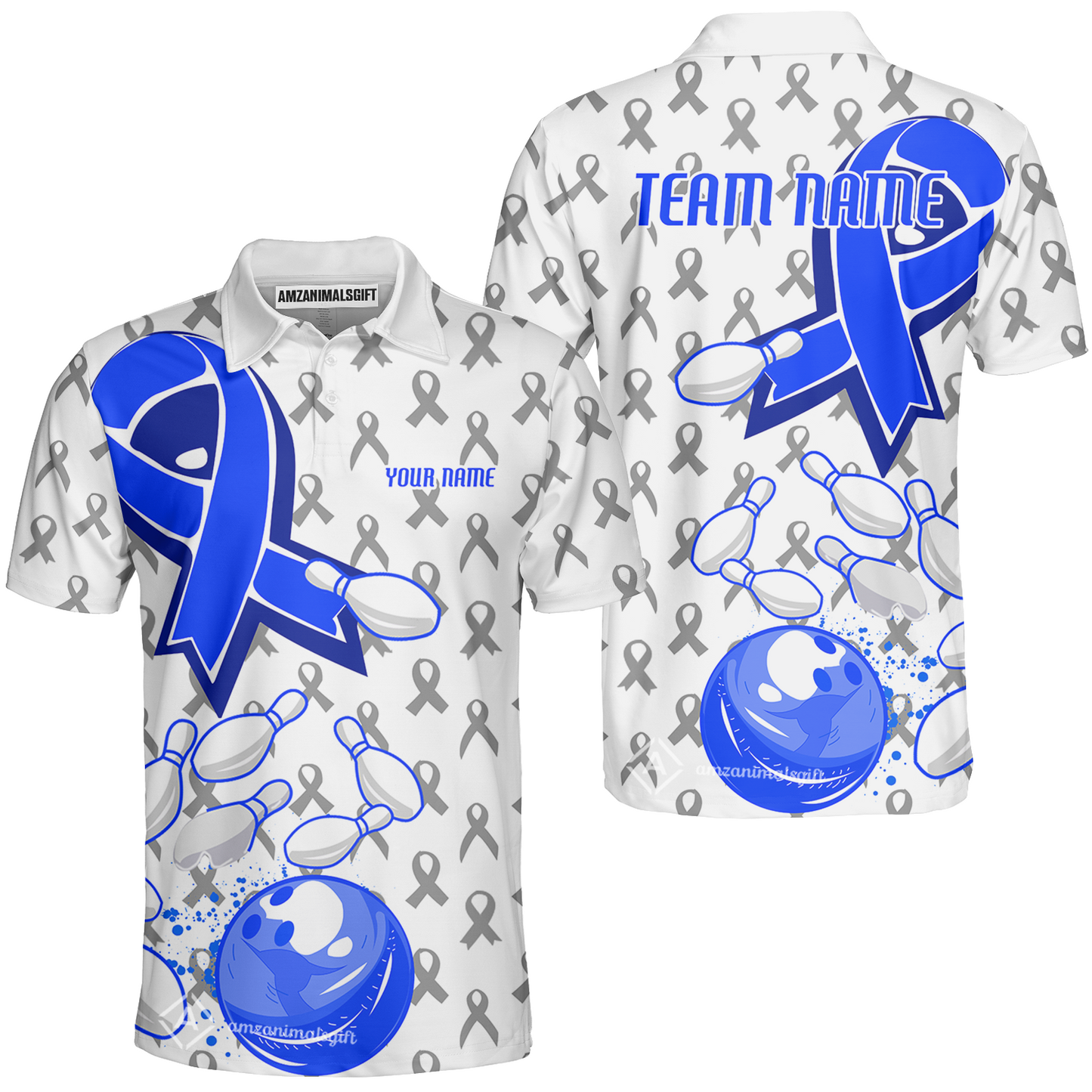 Custom Bowling Team Uniform Shirts, Blue Ribbon & Bowling Pins Strike Graphic Shirt, Personalized Team & Player Jersey