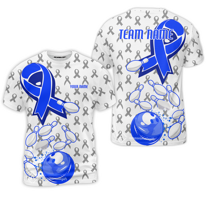 Custom Bowling Team Uniform Shirts, Blue Ribbon & Bowling Pins Strike Graphic Shirt, Personalized Team & Player Jersey