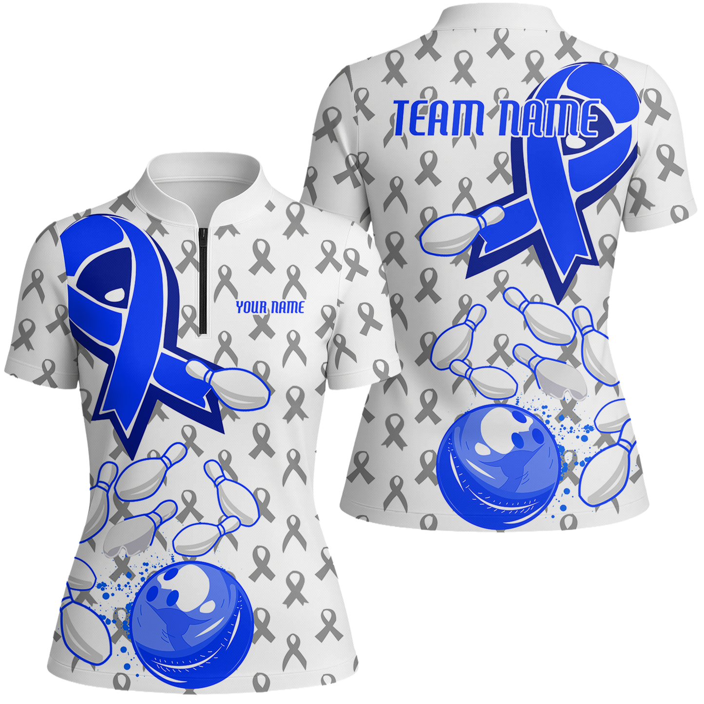 Custom Bowling Team Uniform Shirts, Blue Ribbon & Bowling Pins Strike Graphic Shirt, Personalized Team & Player Jersey