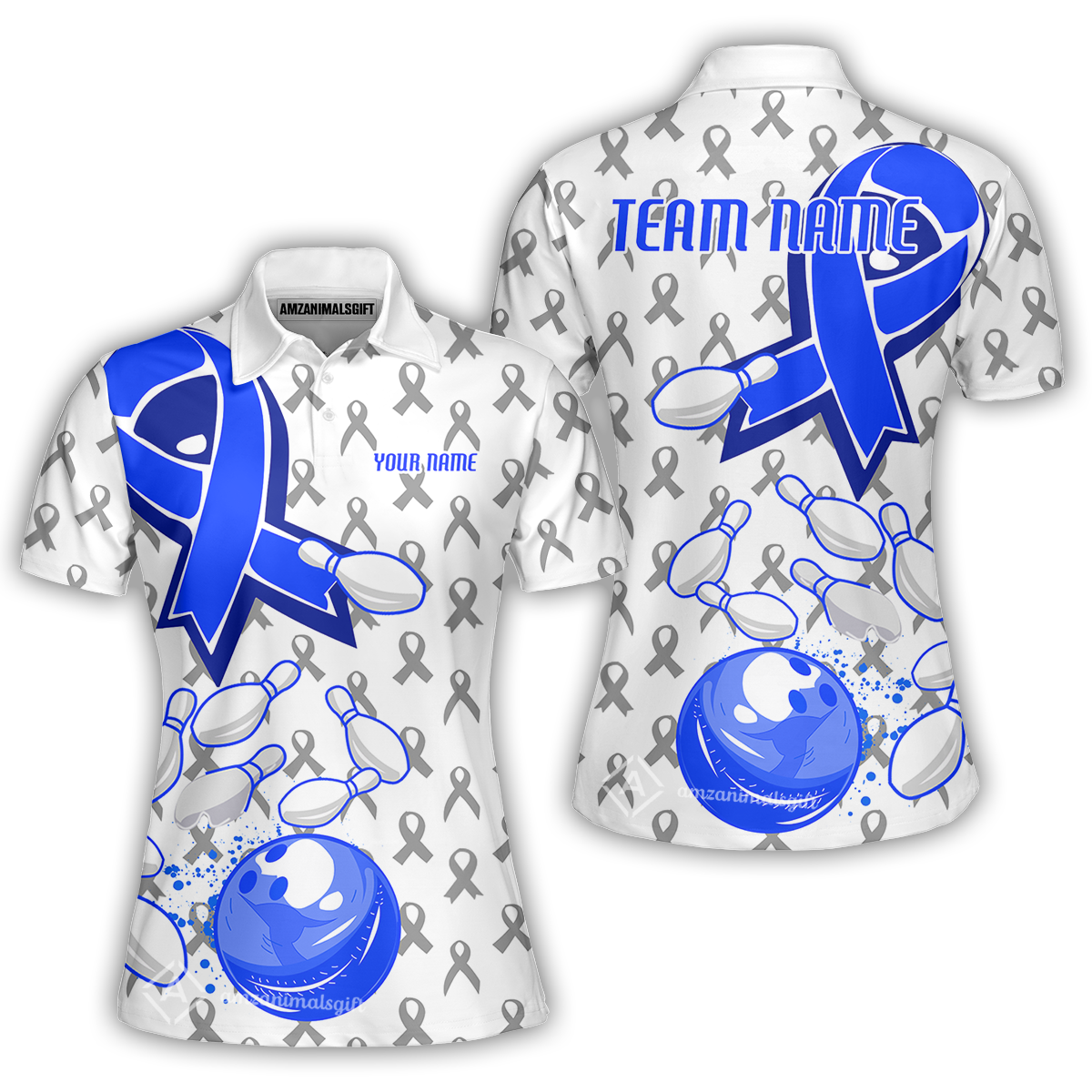 Custom Bowling Team Uniform Shirts, Blue Ribbon & Bowling Pins Strike Graphic Shirt, Personalized Team & Player Jersey