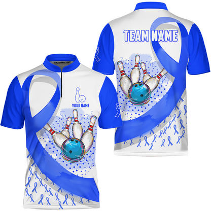 Custom Bowling Team Jersey Shirts, Blue Ribbon and Ball Hitting Pins Shirt, Personalized Team & Player Bowling Jersey