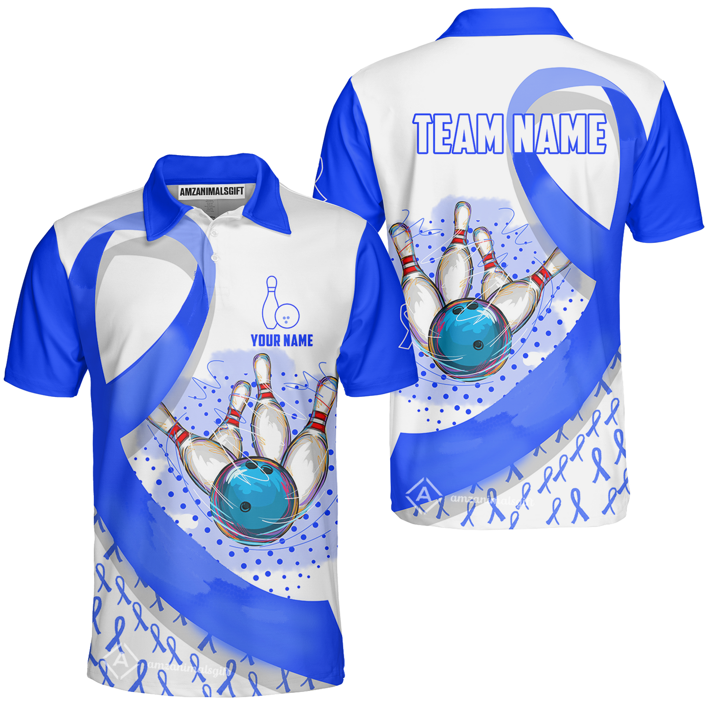 Custom Bowling Team Jersey Shirts, Blue Ribbon and Ball Hitting Pins Shirt, Personalized Team & Player Bowling Jersey