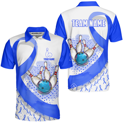Custom Bowling Team Jersey Shirts, Blue Ribbon and Ball Hitting Pins Shirt, Personalized Team & Player Bowling Jersey