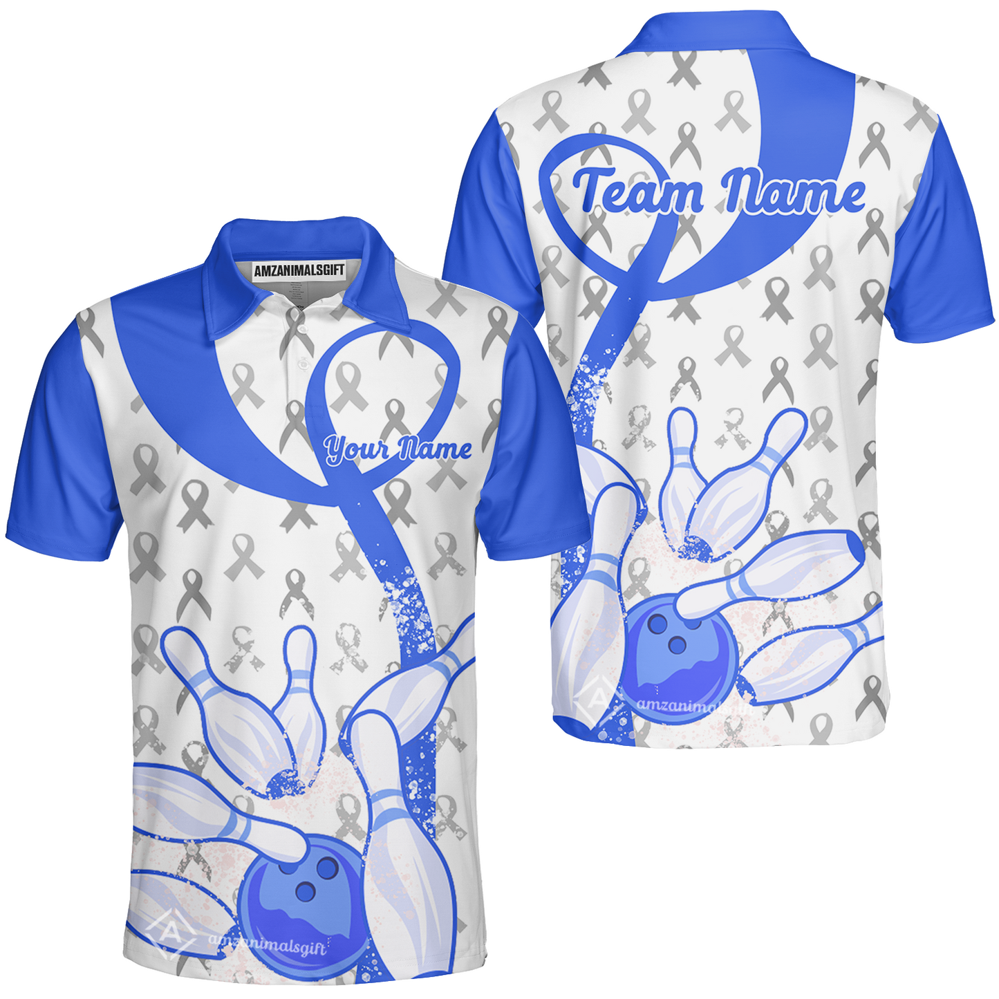 Custom Bowling Team Shirt, Blue Ribbon and Bowling Pins Explosion Shirt, Personalized Team & Player Bowling Jersey
