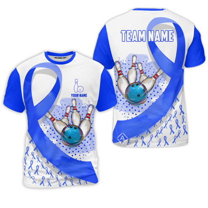 Custom Bowling Team Jersey Shirts, Blue Ribbon and Ball Hitting Pins Shirt, Personalized Team & Player Bowling Jersey