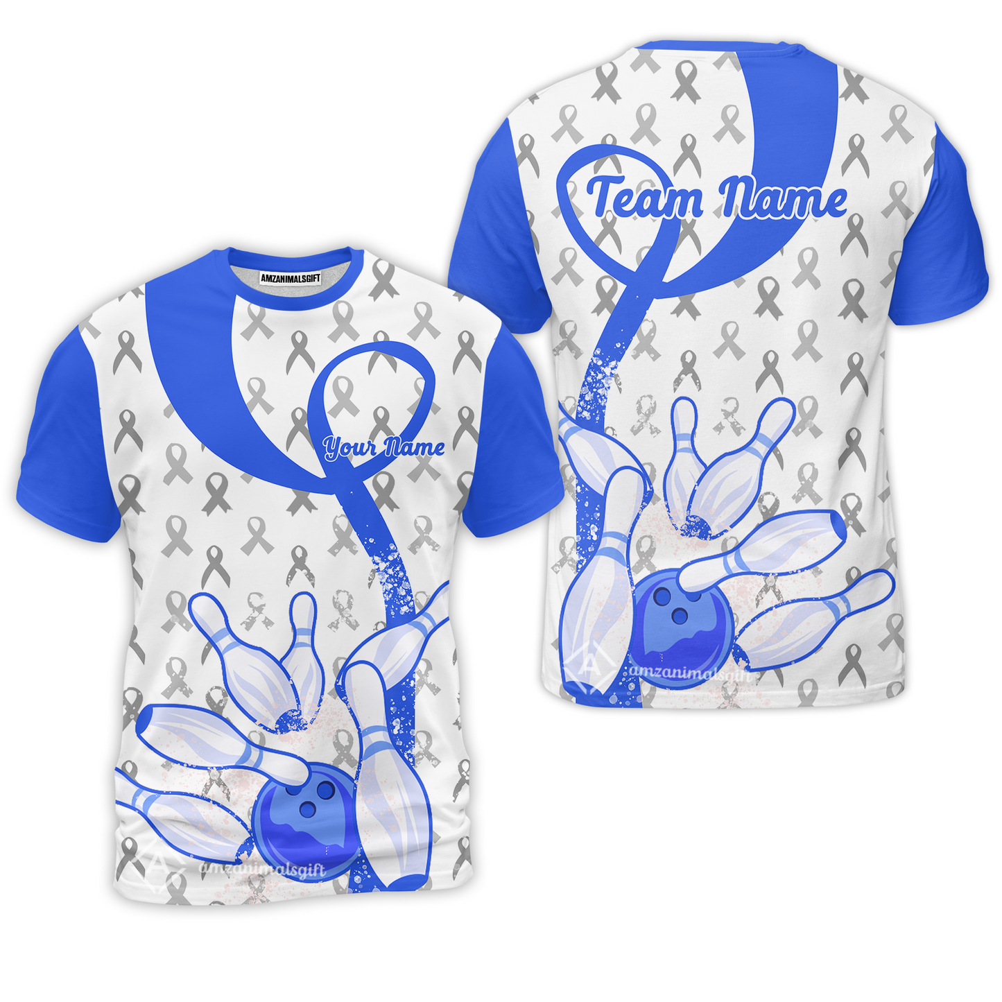 Custom Bowling Team Shirt, Blue Ribbon and Bowling Pins Explosion Shirt, Personalized Team & Player Bowling Jersey