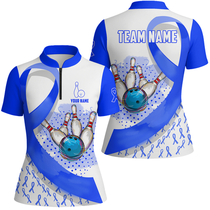 Custom Bowling Team Jersey Shirts, Blue Ribbon and Ball Hitting Pins Shirt, Personalized Team & Player Bowling Jersey