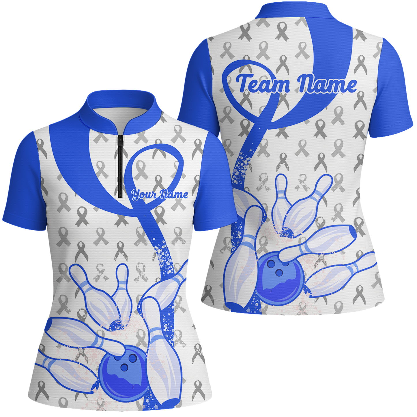 Custom Bowling Team Shirt, Blue Ribbon and Bowling Pins Explosion Shirt, Personalized Team & Player Bowling Jersey