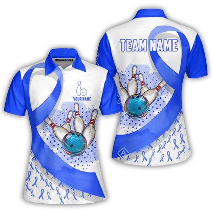 Custom Bowling Team Jersey Shirts, Blue Ribbon and Ball Hitting Pins Shirt, Personalized Team & Player Bowling Jersey