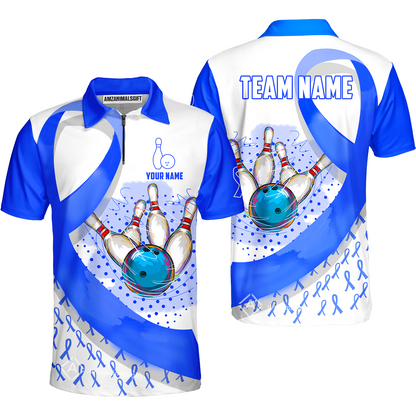 Custom Bowling Team Jersey Shirts, Blue Ribbon and Ball Hitting Pins Shirt, Personalized Team & Player Bowling Jersey