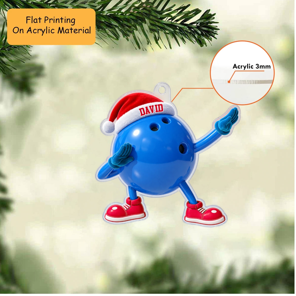 Personalized Bowling Christmas Ornament, Dabbing Ball Mascot Santa Hat, Custom Ornament Christmas Gift, Keychain Bowling, Car Ornament Bowling