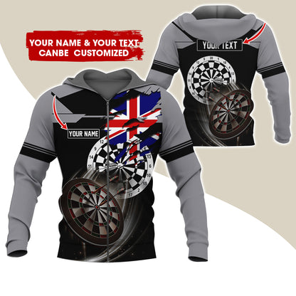 Customized Name & Text Darts Premium Zip Hoodie, Personalized England Flag Zip Hoodie For Men & Women - Gift For Darts Lovers, Darts Players