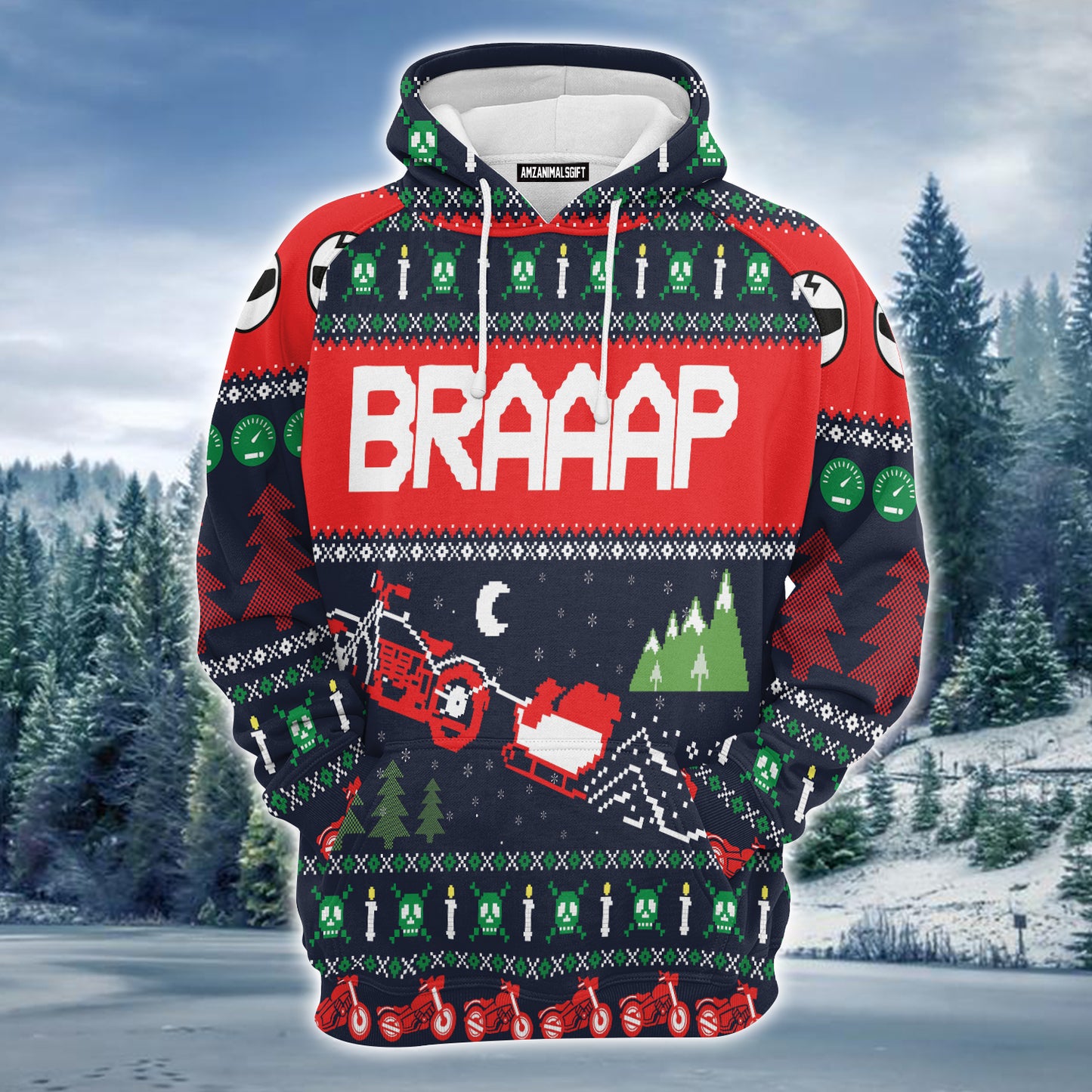 Motorbike Braaap Premium Christmas Hoodie, Skull Christmas Pattern Unisex Hoodie For Men & Women - Perfect Gift For Christmas, Friends, Family