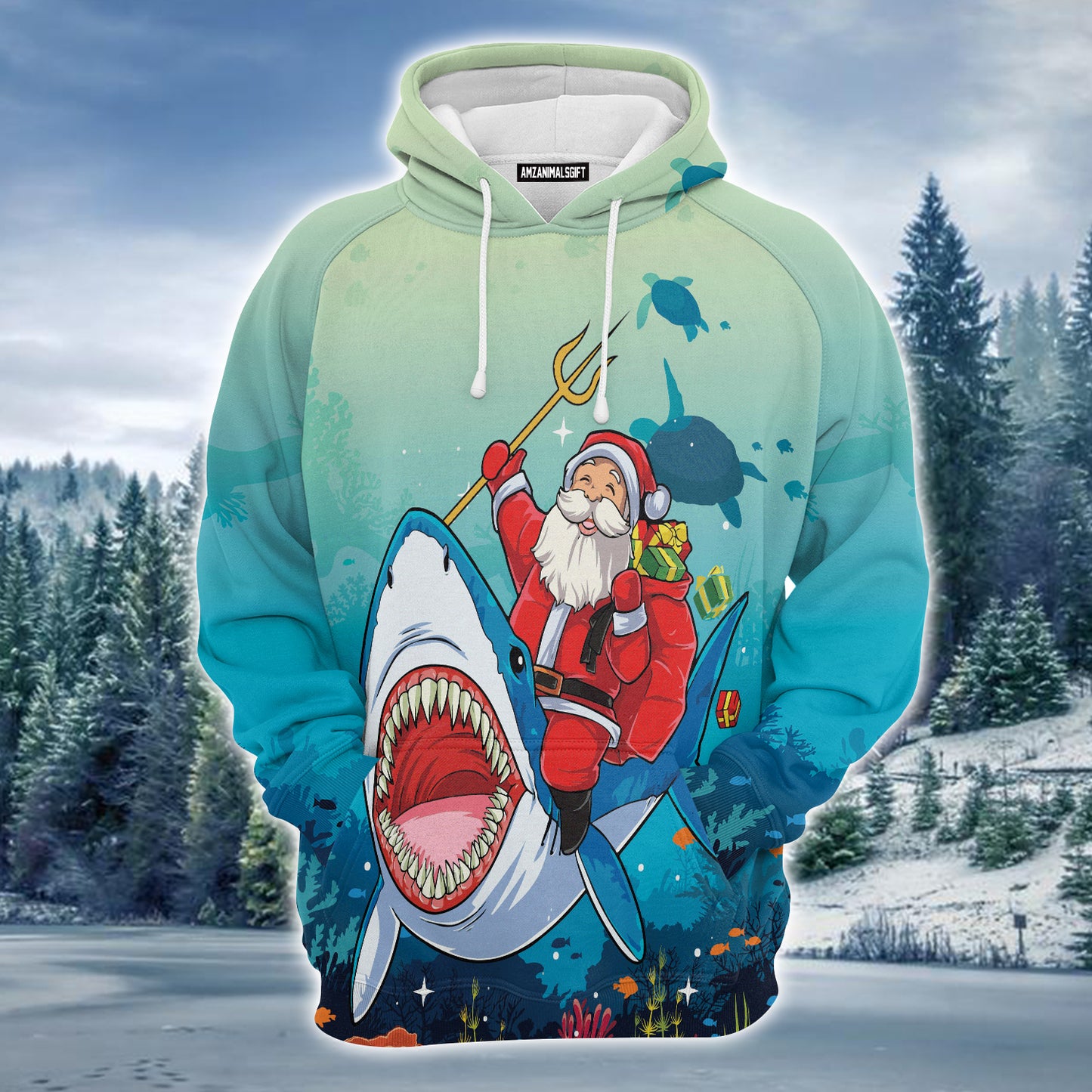 Santa Claus With Shark Premium Christmas Hoodie, Blue Ocean Unisex Hoodie For Men & Women - Perfect Gift For Christmas, Friends, Family