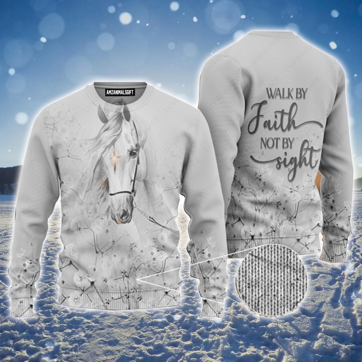 White Flower Cross Horse Walk By Faith Not By Sight Urly Sweater, Christmas Sweater For Men & Women - Perfect Gift For New Year, Winter, Christmas
