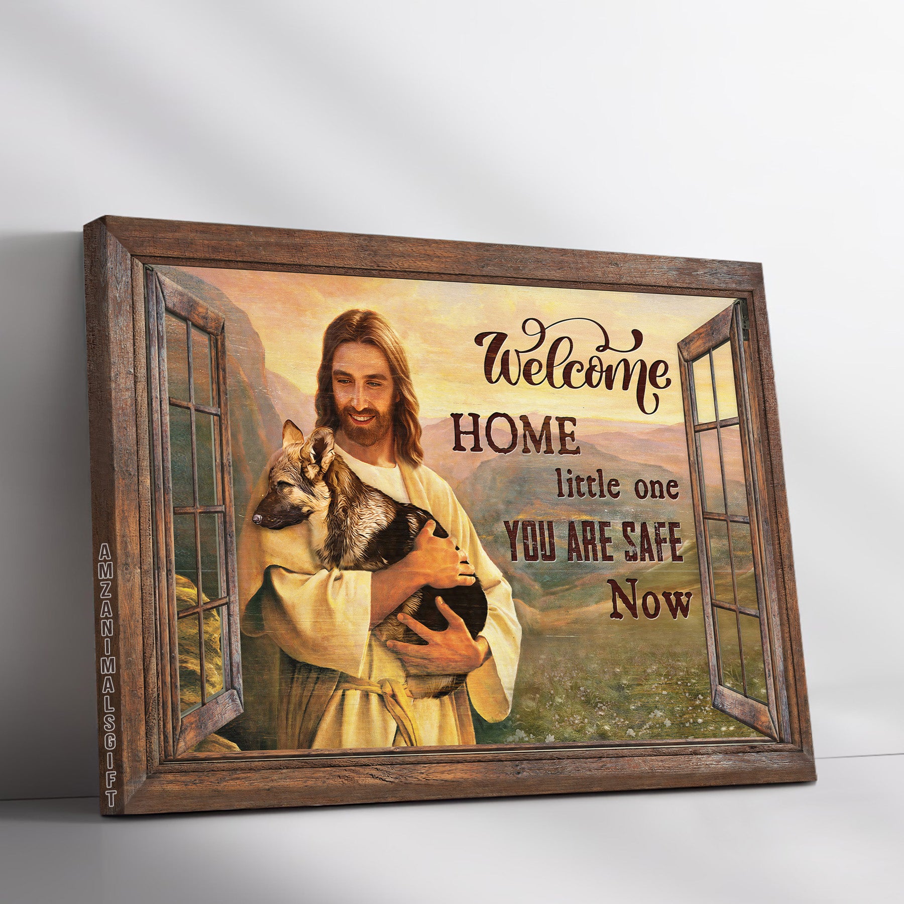 German Shepherd & Jesus Premium Wrapped Landscape Canvas - Safe In The Arms Of Jesus, German Shepherd Dog, Welcome Home - Gift For Christian