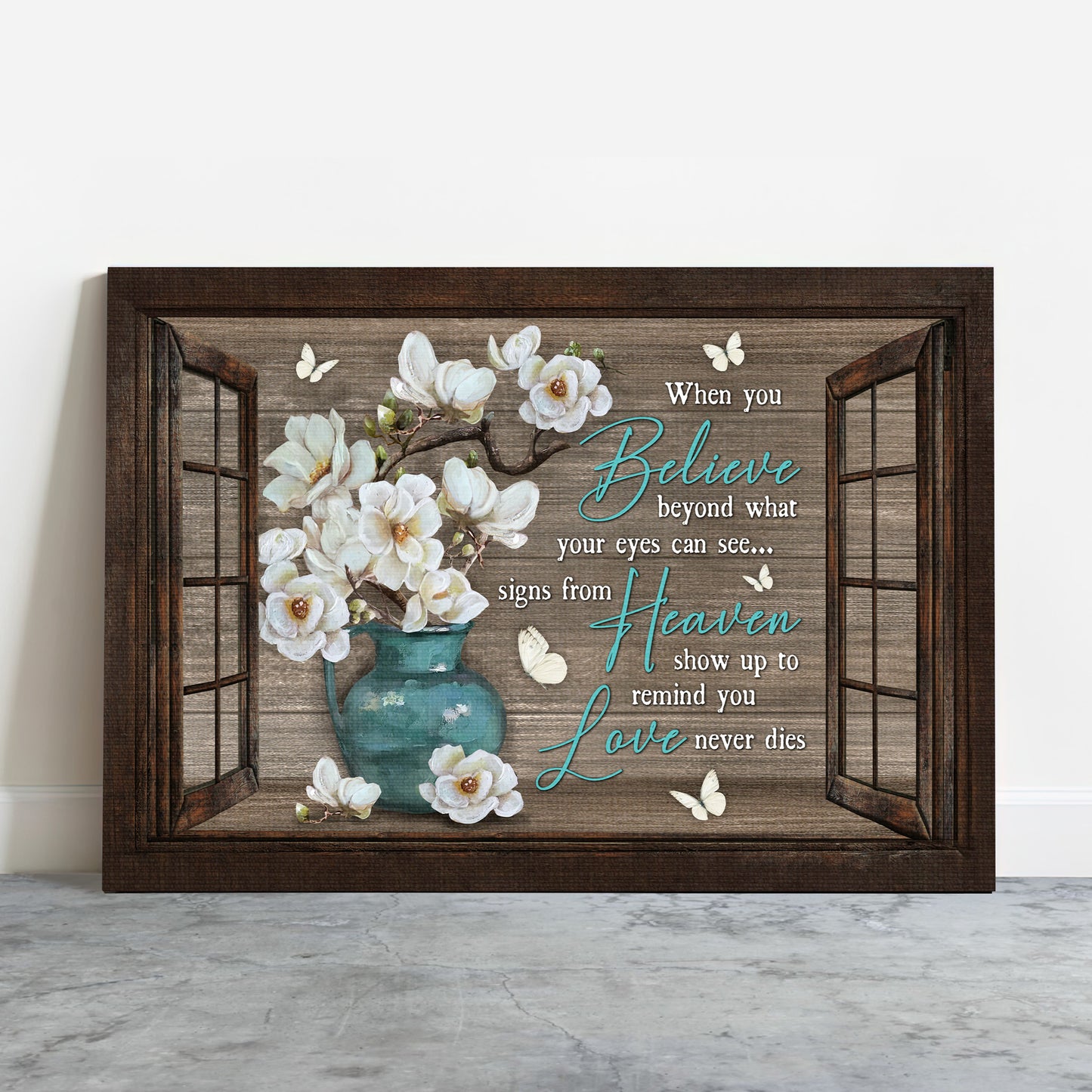 Memorial Premium Wrapped Landscape Canvas - White Flower, White Butterfly, Window Frame, Love Never Dies - Heaven Gift For Members Family