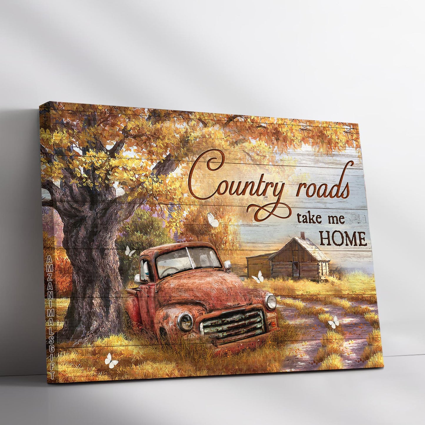Family Premium Wrapped Landscape Canvas - Gorgeous Autumn Season, White Butterfly, Old Red Truck, Country Roads Take Me Home - Gift For Members Family