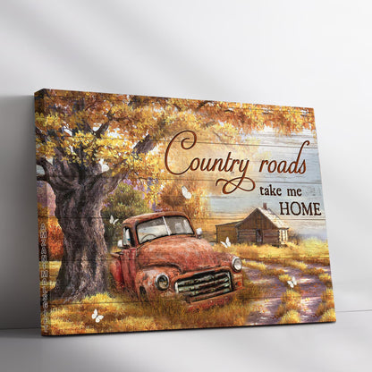 Family Premium Wrapped Landscape Canvas - Gorgeous Autumn Season, White Butterfly, Old Red Truck, Country Roads Take Me Home - Gift For Members Family