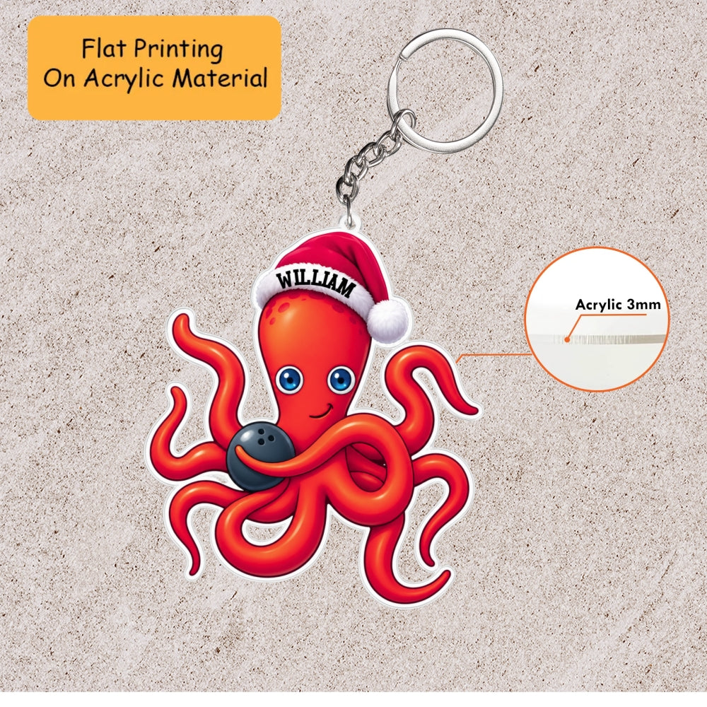 Personalized Bowling Christmas Ornament, Octopus Holding Bowling Ball, Custom Ornament Christmas Gift, Keychain Bowling, Car Ornament Bowling