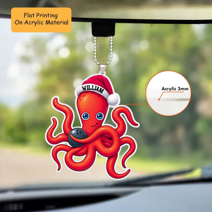Personalized Bowling Christmas Ornament, Octopus Holding Bowling Ball, Custom Ornament Christmas Gift, Keychain Bowling, Car Ornament Bowling