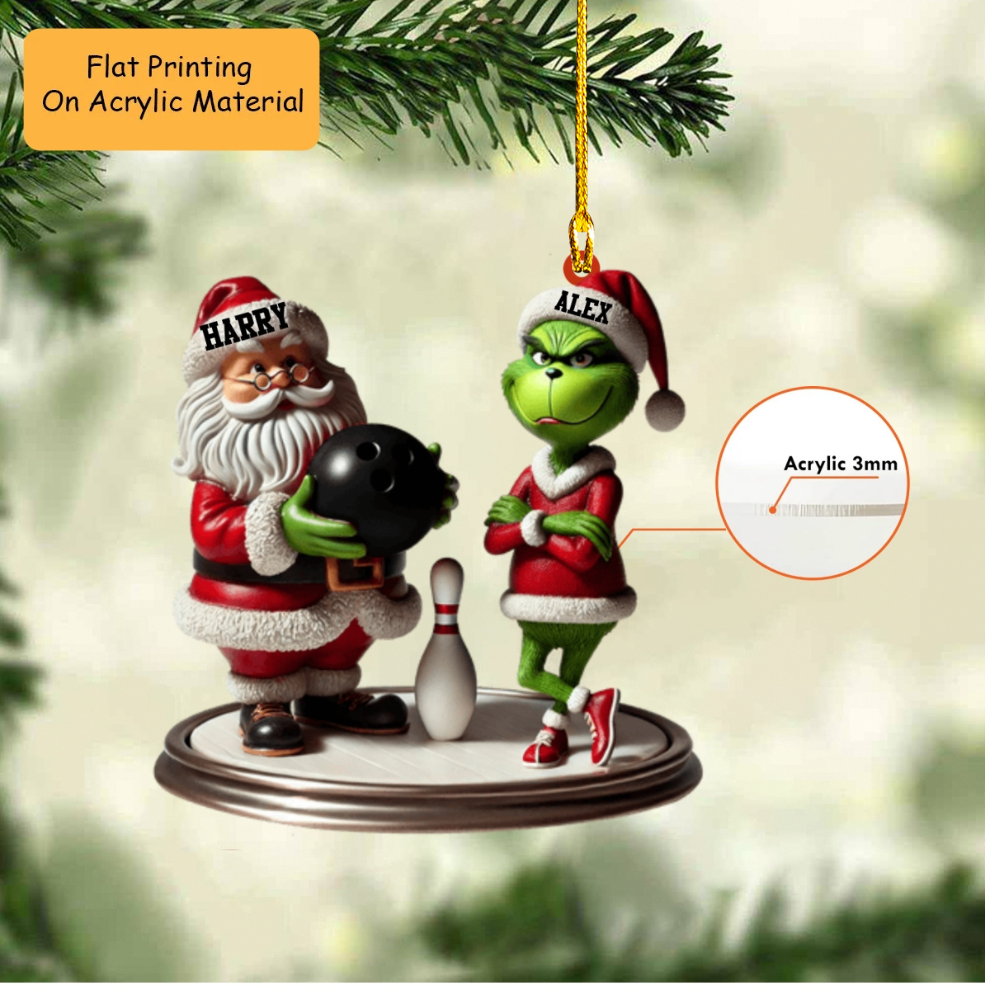 Personalized Christmas Bowling Ornament, Santa Gives Ball For Green Monster Christmas, Custom Ornament Christmas Gift, Keychain Bowling Christmas, Car Ornament Bowling Christmas