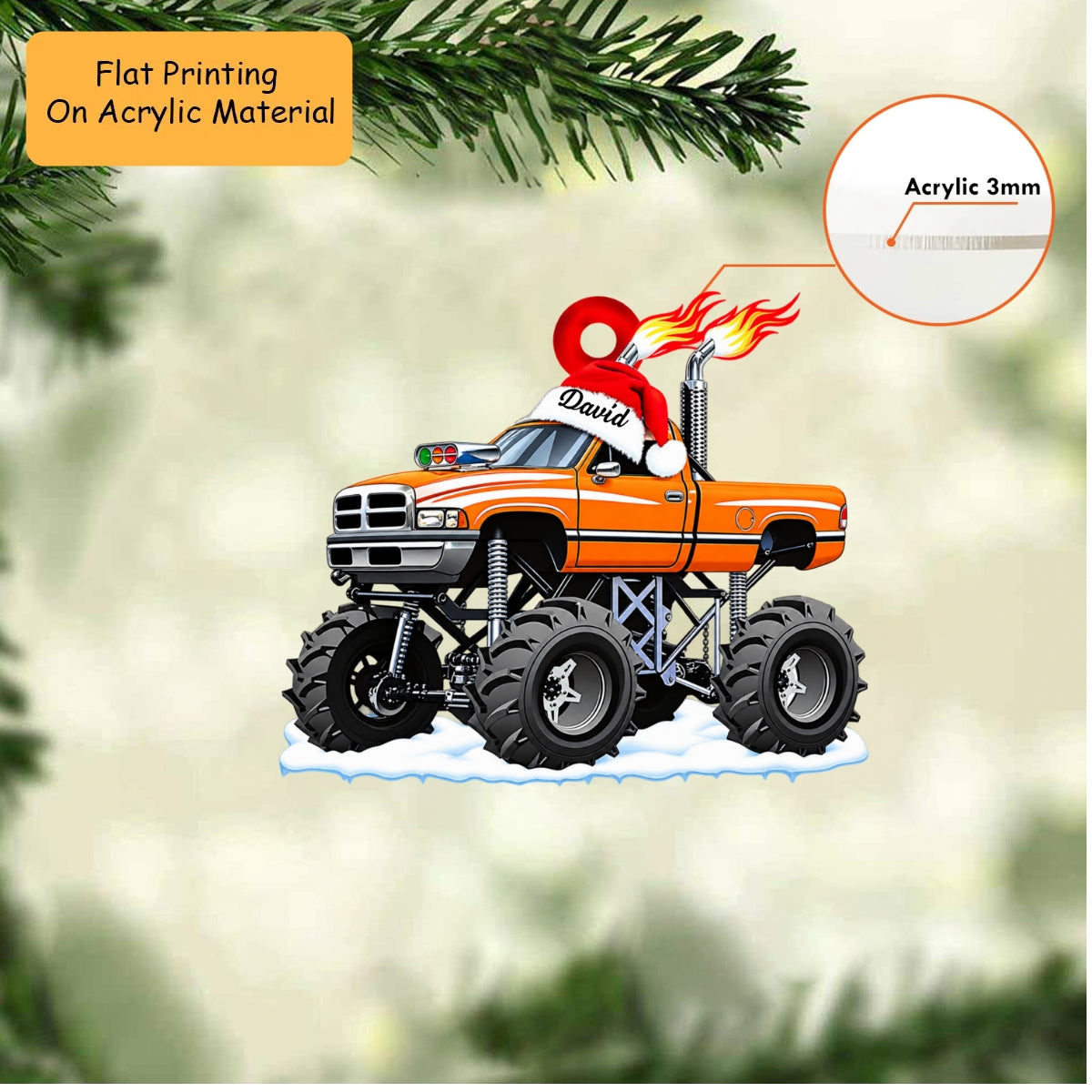 Personalized Monster Truck Christmas Ornament, Lifted Truck Flaming Exhaust, Custom Ornament Christmas Gift, Keychain Monster Truck, Car Ornament Monster Truck