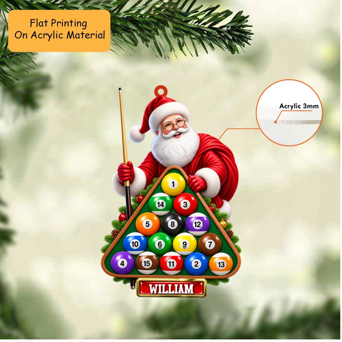 Personalized Christmas Billiard Ornament, Santa Holding Triangle Rack Billiard Christmas, Custom Ornament Christmas Gift, Keychain Billiard Christmas, Car Ornament Billiard Christmas