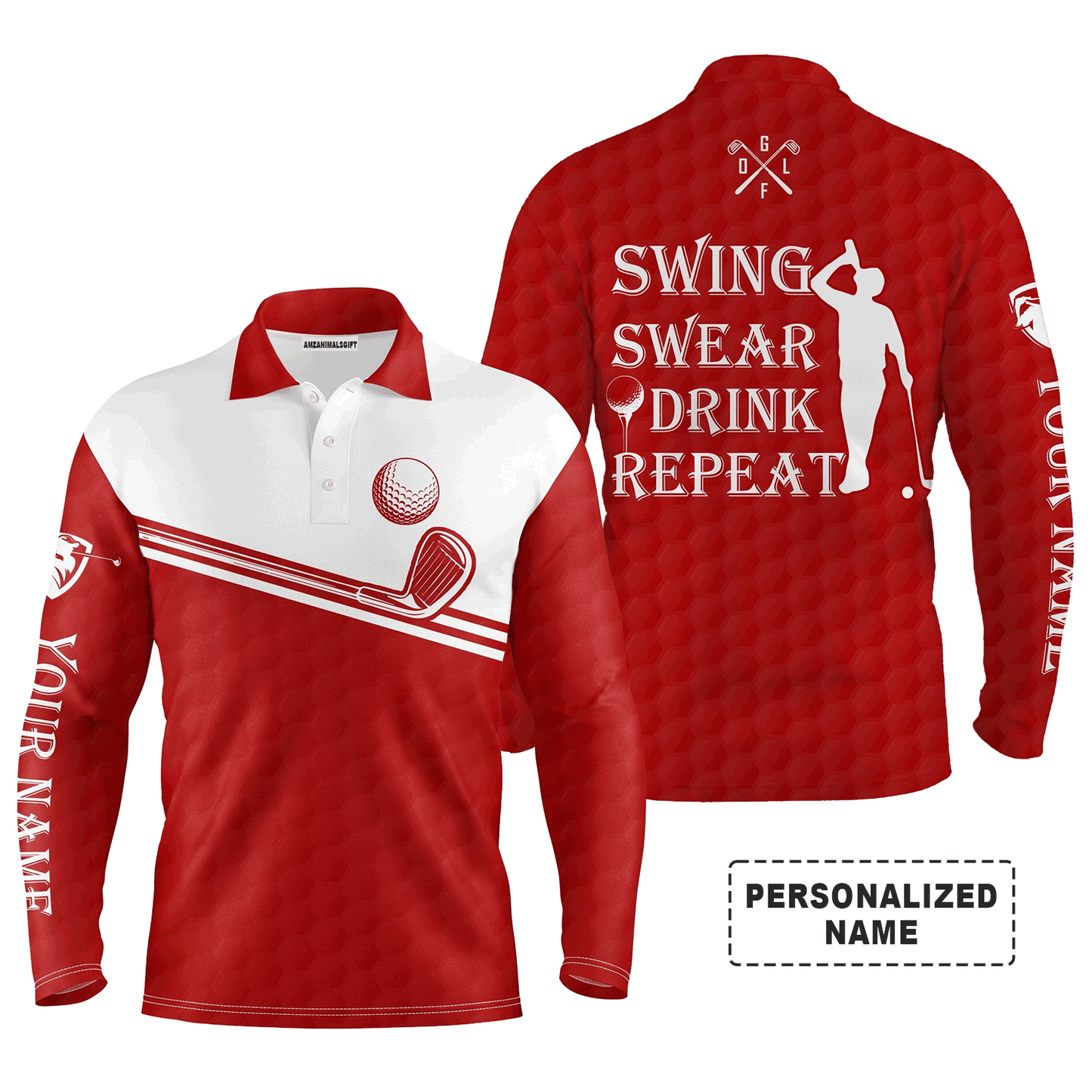 Custom Golf Long Sleeve Men Polo Shirt, Custom Name Multicolor Swing Swear Drink Repeat Apparel- Perfect Gifts For Men, Golf Lover