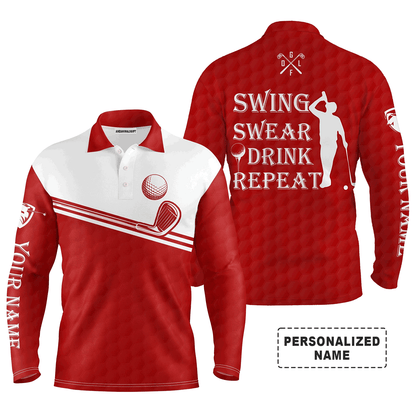 Custom Golf Long Sleeve Men Polo Shirt, Custom Name Multicolor Swing Swear Drink Repeat Apparel- Perfect Gifts For Men, Golf Lover