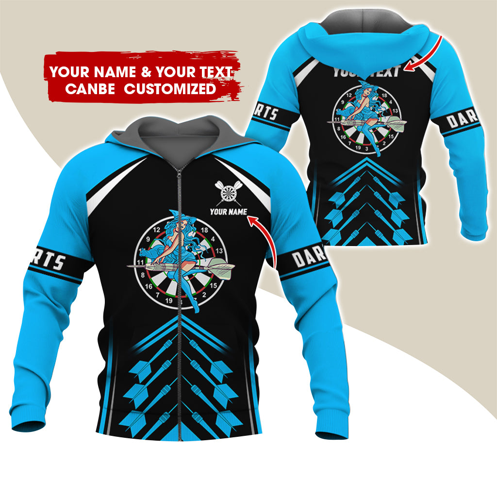 Customized Name & Text Witch Darts Premium Zip Hoodie, Personalized Name Dartboard Zip Hoodie For Men & Women - Gift For Darts Lovers, Darts Players