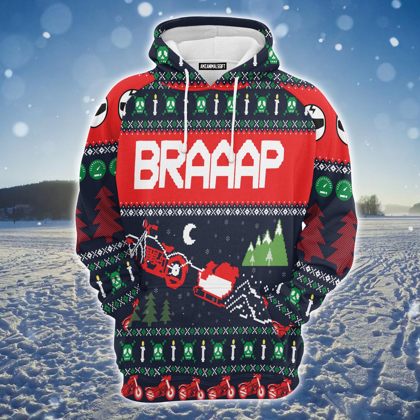 Motorbike Braaap Premium Christmas Hoodie, Skull Christmas Pattern Unisex Hoodie For Men & Women - Perfect Gift For Christmas, Friends, Family