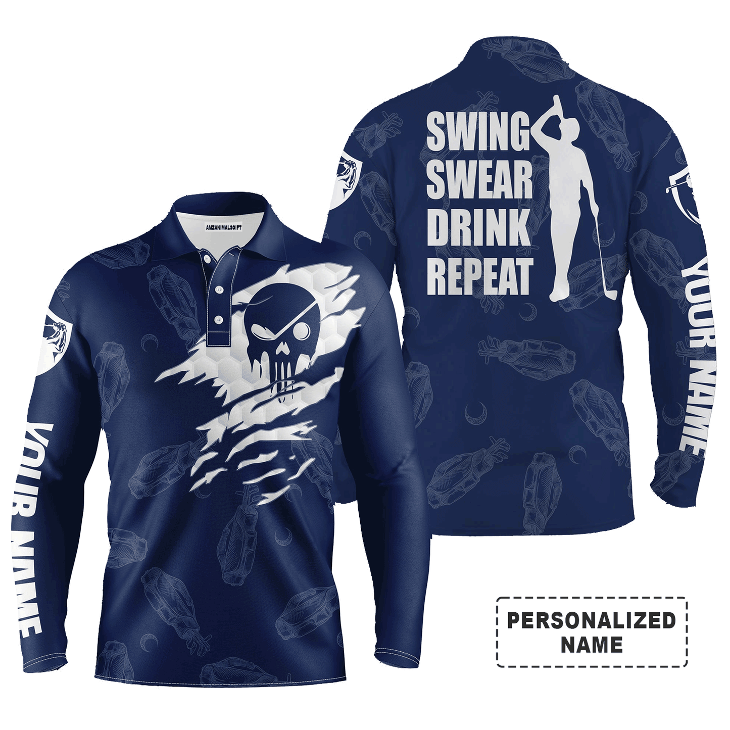 Custom Golf Long Sleeve Men Polo Shirt - Custom Name Multicolor Golf Clubs Pattern - Swing Swear Drink Repeat Men Polo Shirt For Golf Lover