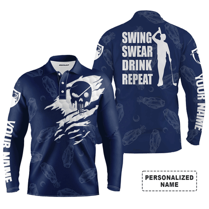 Custom Golf Long Sleeve Men Polo Shirt - Custom Name Multicolor Golf Clubs Pattern - Swing Swear Drink Repeat Men Polo Shirt For Golf Lover