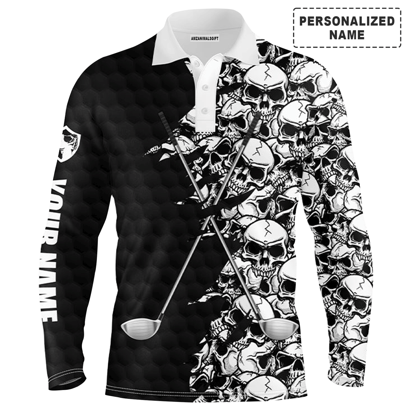 Custom Golf Long Sleeve Men Polo Shirt, Pattern Skull Golf Clubs Performance Custom Name Apparel - Perfect Gift For Men, Golf Lovers