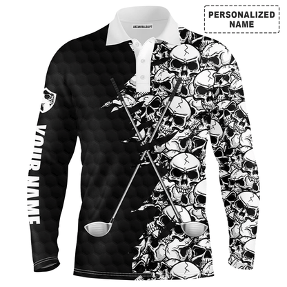 Custom Golf Long Sleeve Men Polo Shirt, Pattern Skull Golf Clubs Performance Custom Name Apparel - Perfect Gift For Men, Golf Lovers