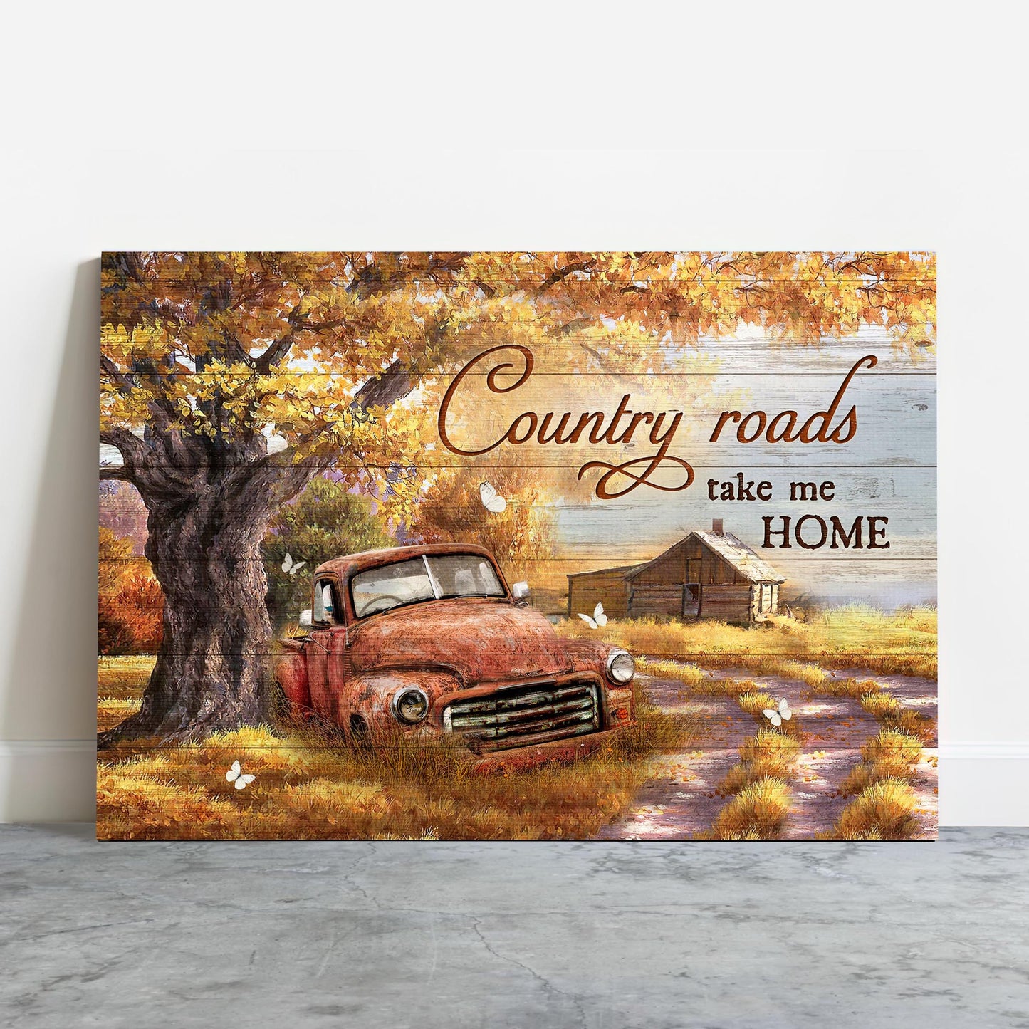 Family Premium Wrapped Landscape Canvas - Gorgeous Autumn Season, White Butterfly, Old Red Truck, Country Roads Take Me Home - Gift For Members Family