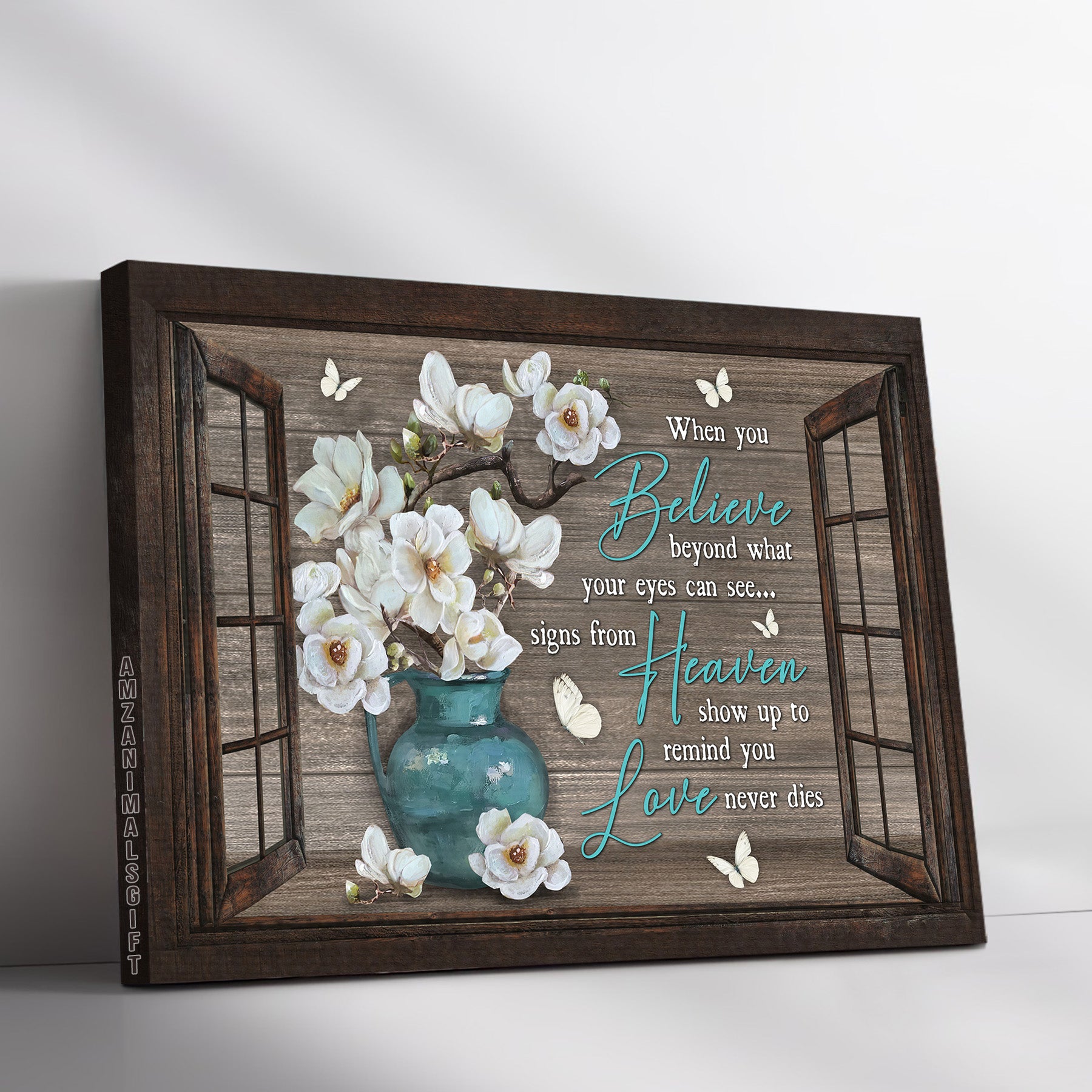 Memorial Premium Wrapped Landscape Canvas - White Flower, White Butterfly, Window Frame, Love Never Dies - Heaven Gift For Members Family