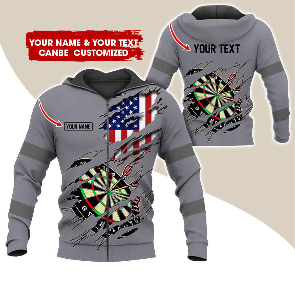 Customized Name & Text American Flag Darts Premium Zip Hoodie, Personalized Dartboard Zip Hoodie For Men & Women - Gift For Darts Lovers, Darts Players