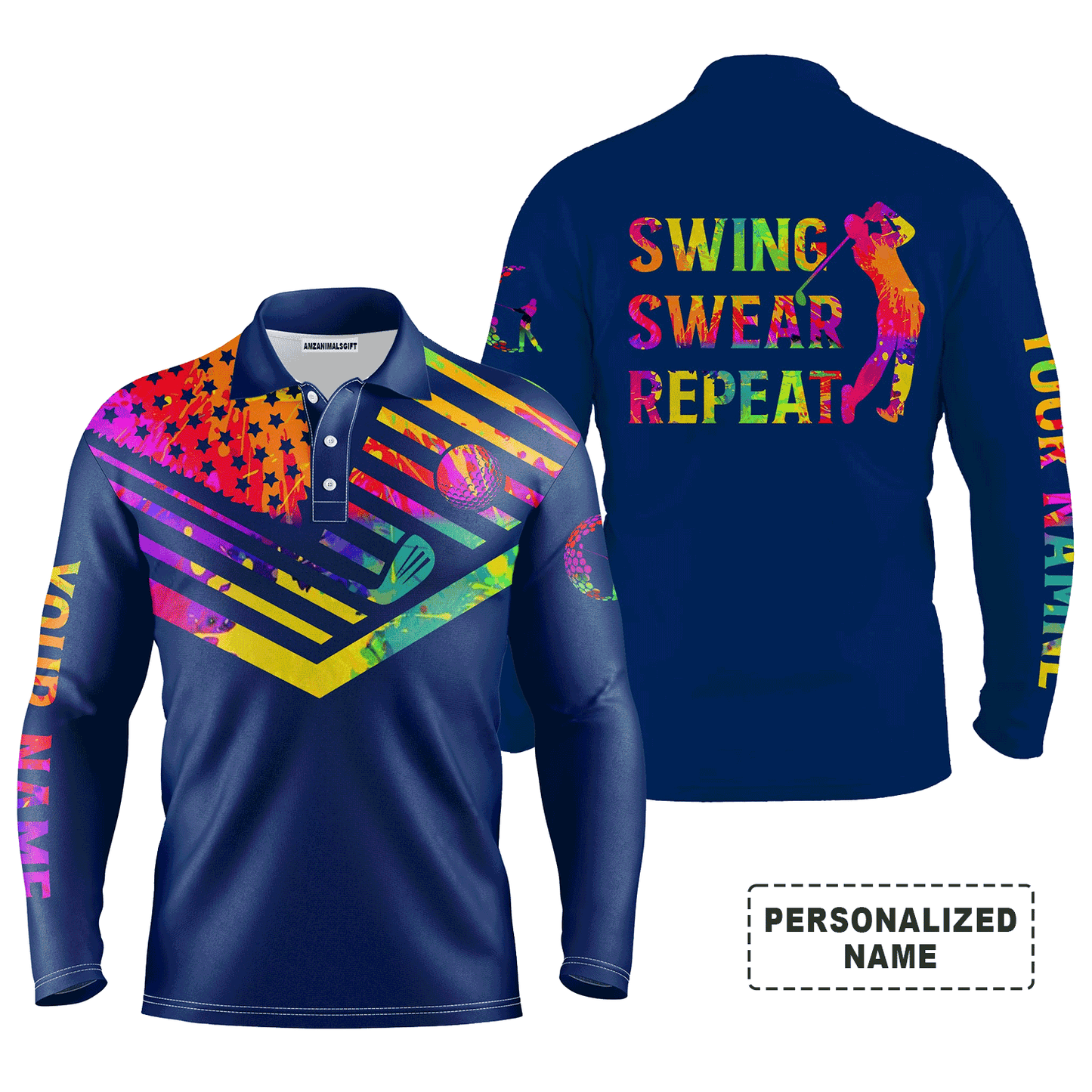 Custom Golf Long Sleeve Men Polo Shirt- Custom Name Watercolor American Flag Multicolor Apparel,Swing Swear Repeat Men Golf Polo Shirt  For Golf Lover