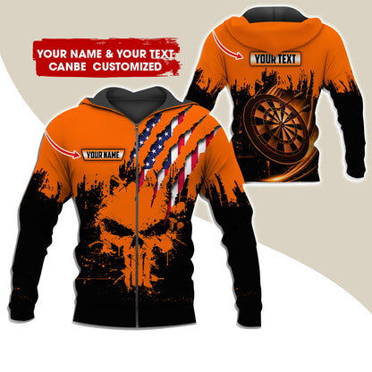Customized Name & Text Skull Darts Premium Zip Hoodie, Personalized American Flag Zip Hoodie For Men & Women - Gift For Darts Lovers, Darts Players