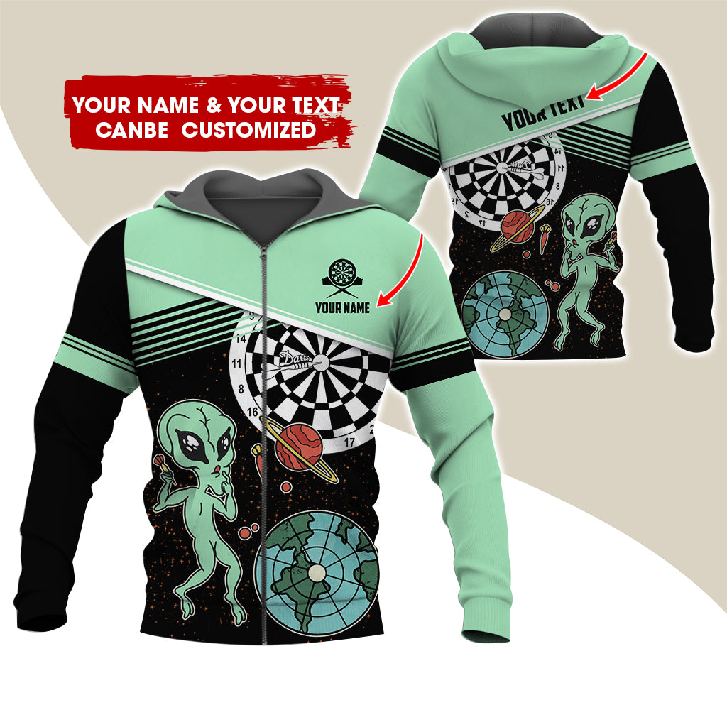 Customized Name Alien Darts Premium Zip Hoodie, Personalized Name & Text Darts Zip Hoodie For Men & Women - Gift For Darts Lovers, Darts Players