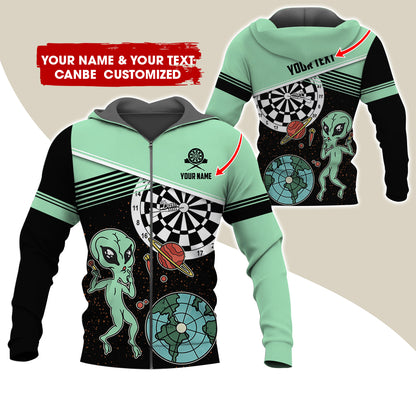Customized Name Alien Darts Premium Zip Hoodie, Personalized Name & Text Darts Zip Hoodie For Men & Women - Gift For Darts Lovers, Darts Players