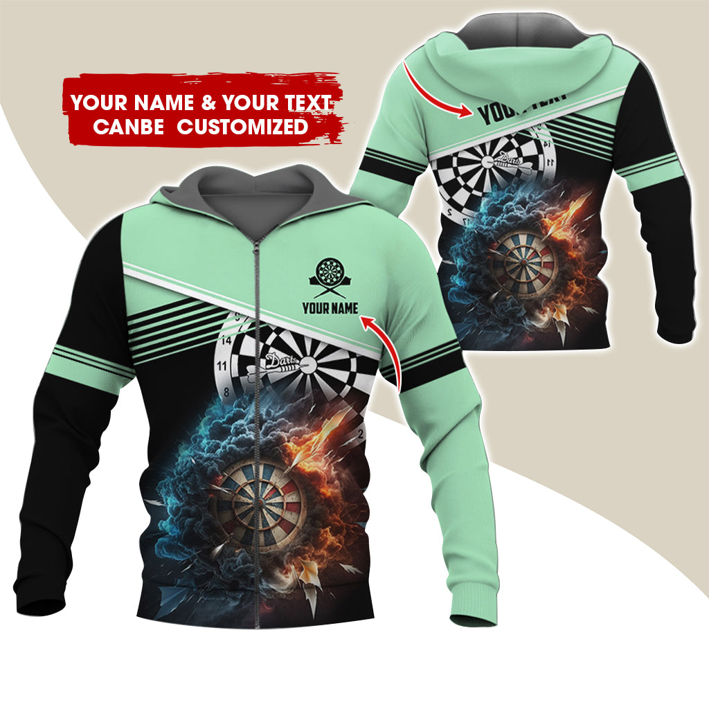 Personalized Name & Text Darts Premium Zip Hoodie, Customized Name Cloudy Fire Darts Zip Hoodie For Men & Women - Gift For Darts Lovers, Darts Players