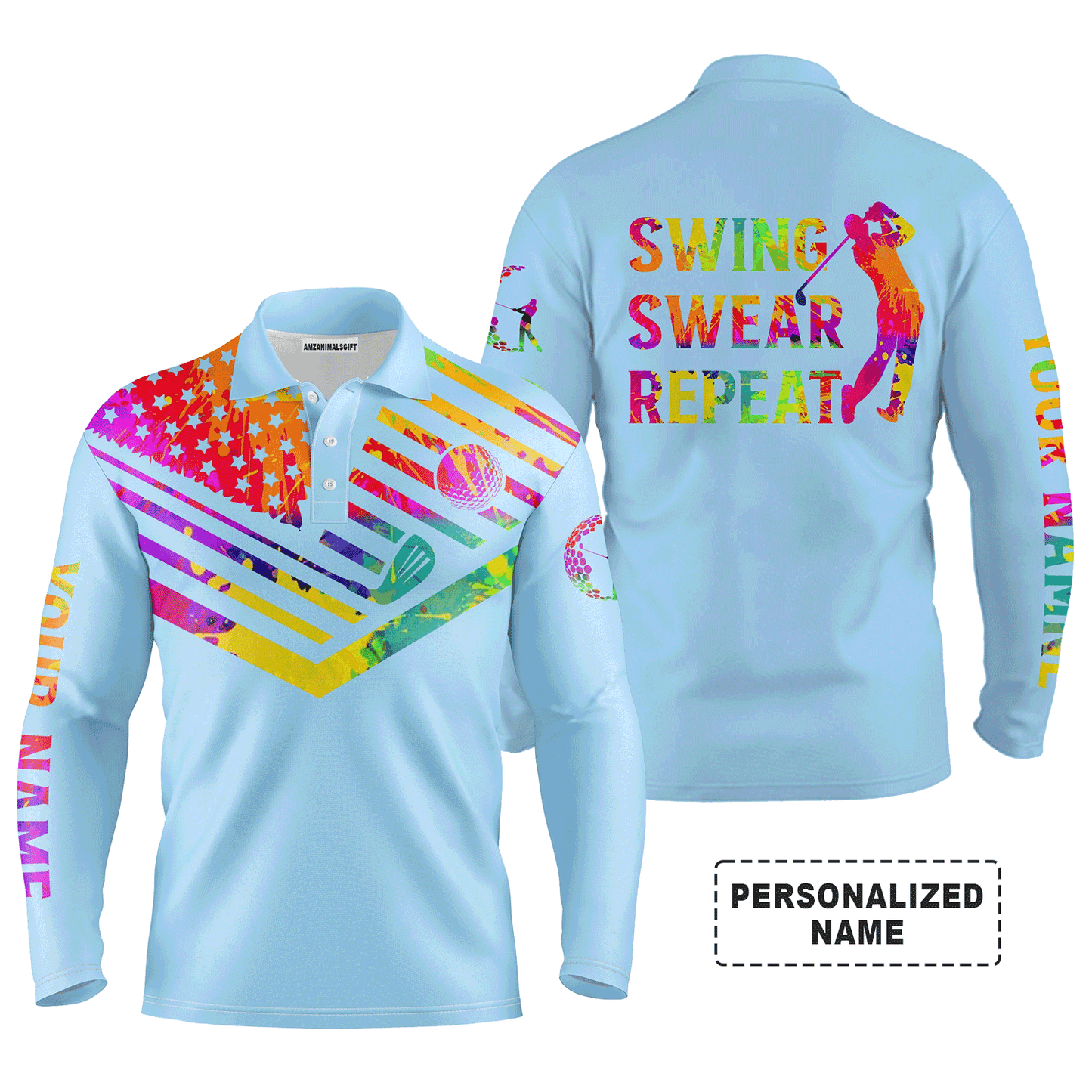 Custom Golf Long Sleeve Men Polo Shirt, Custom Name Watercolor American Flag Swing Swear Repeat Apparel - Perfect Gift For Men, Golf Lover
